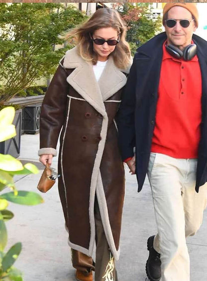Gigi Hadid Shearling Brown Leather Coat