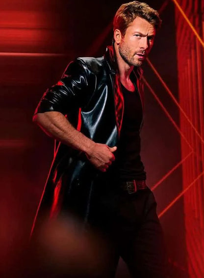 Glen Powell The Running Man 2025 Black Leather Coat