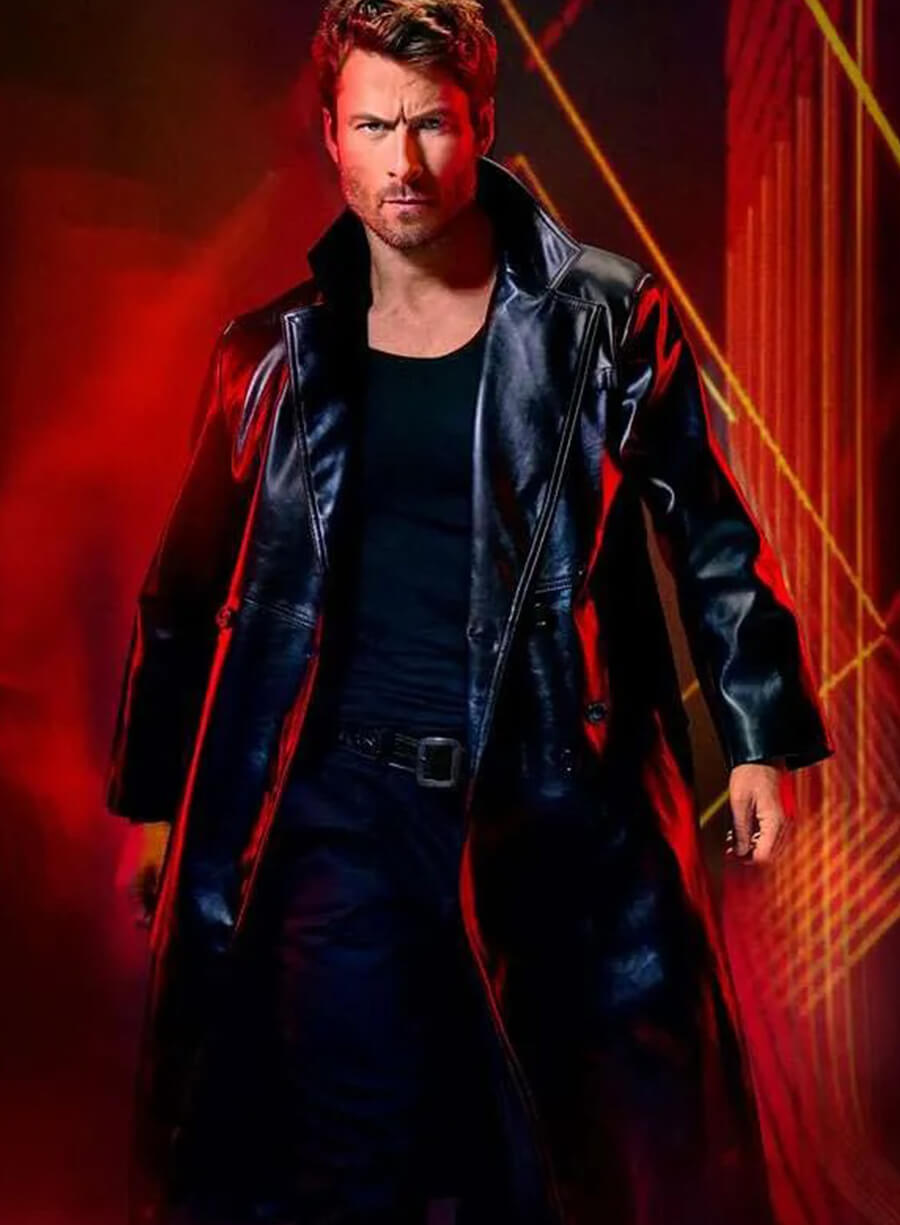 Glen Powell The Running Man 2025 Black Leather Coat