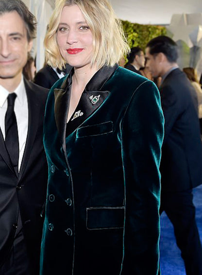 Greta Gerwig Teal Velvet Blazer