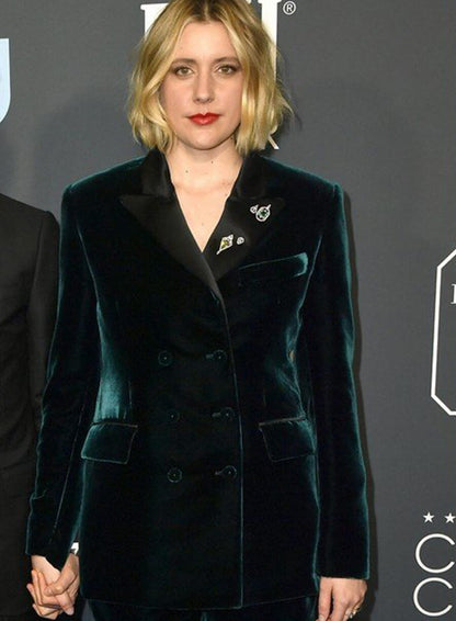 Greta Gerwig Teal Velvet Blazer