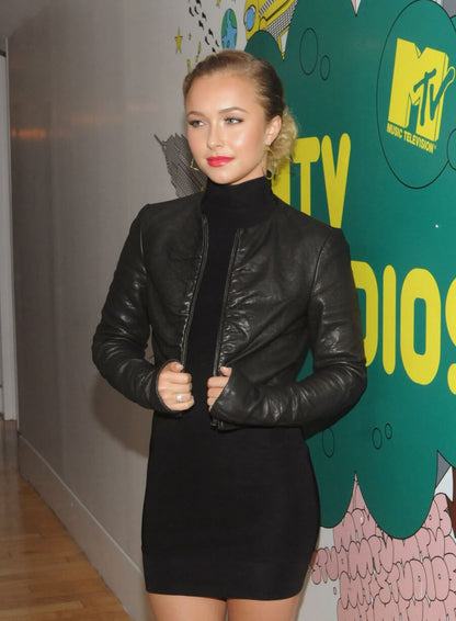 Hayden Panettiere Cropped Black Leather Jacket