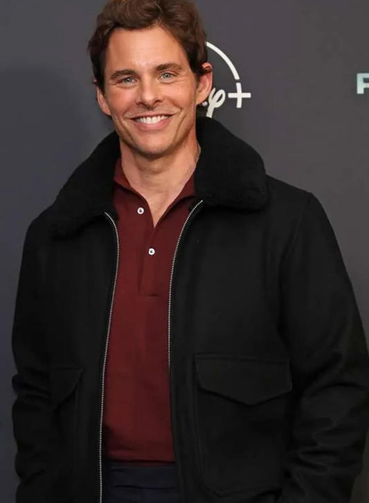James Marsden Paradise 2025 Black Fur Bomber Jacket