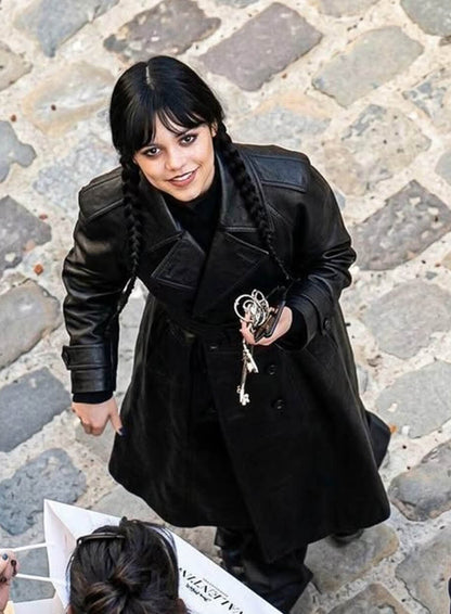 Jenna Ortega Wednesday S03 Black Leather Coat