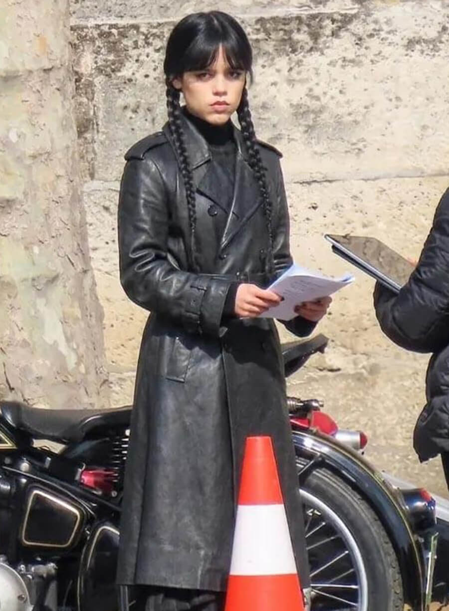 Jenna Ortega Wednesday S03 Black Leather Coat