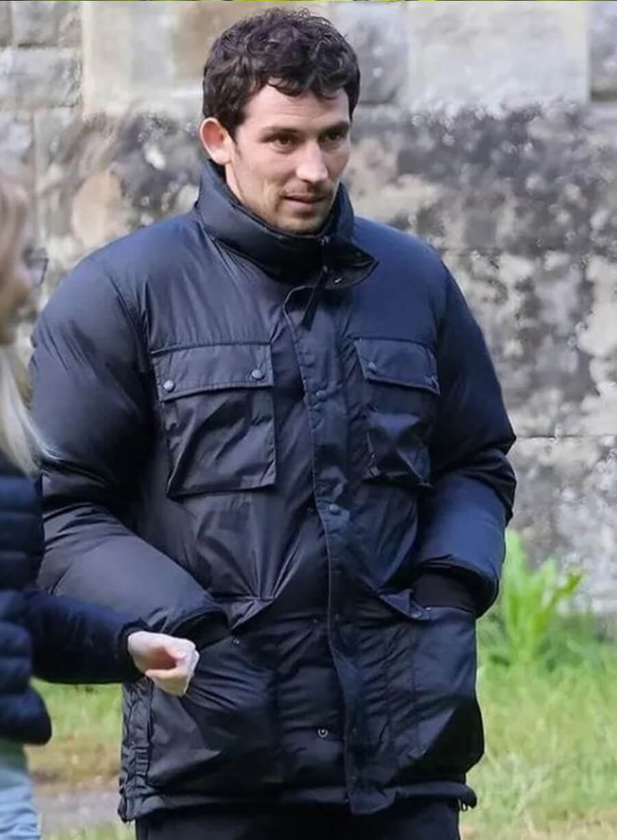 Josh O’Connor Wake Up Dead Man 2025 Black Puffer Jacket