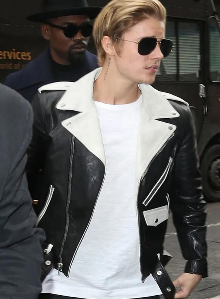 Justin Bieber White & Black Biker Leather Jacket