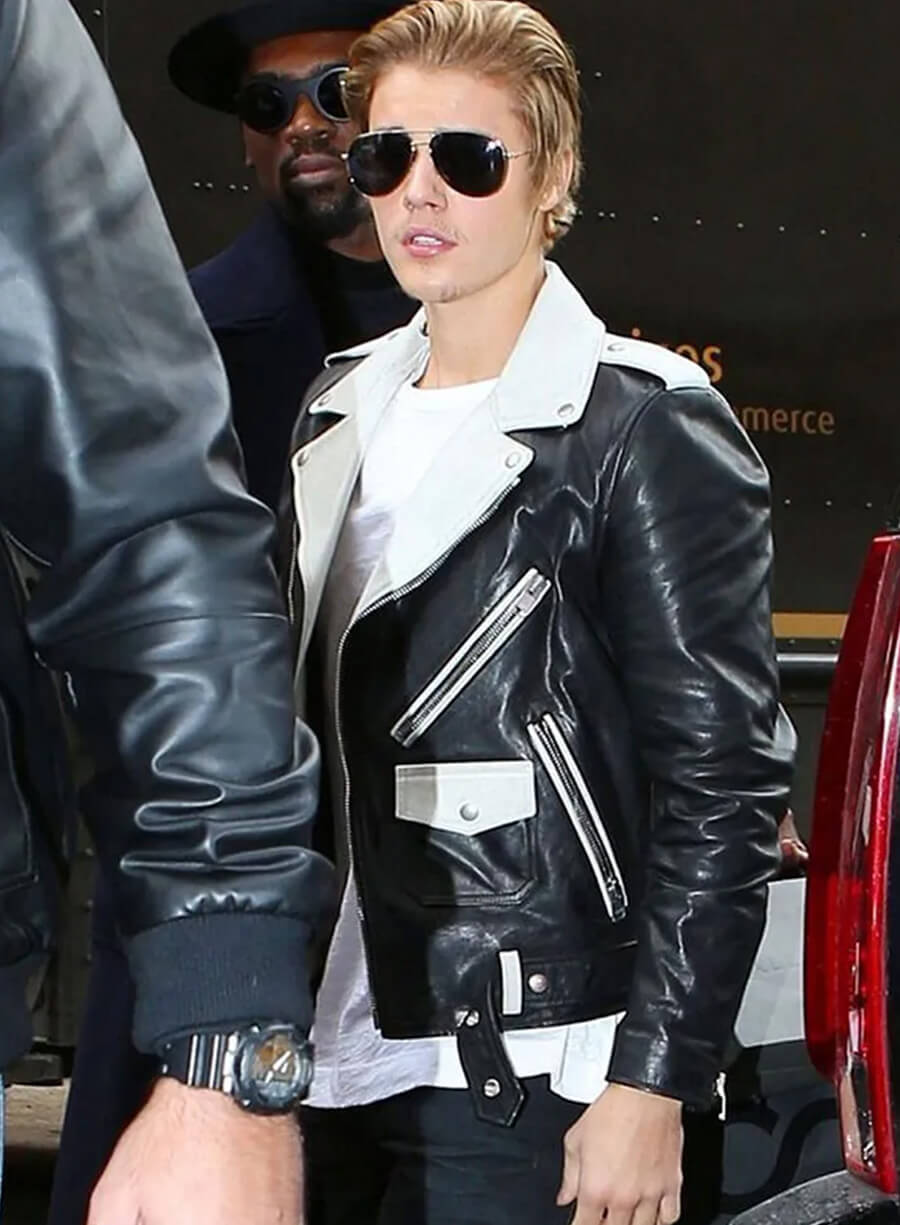 Justin Bieber White & Black Biker Leather Jacket