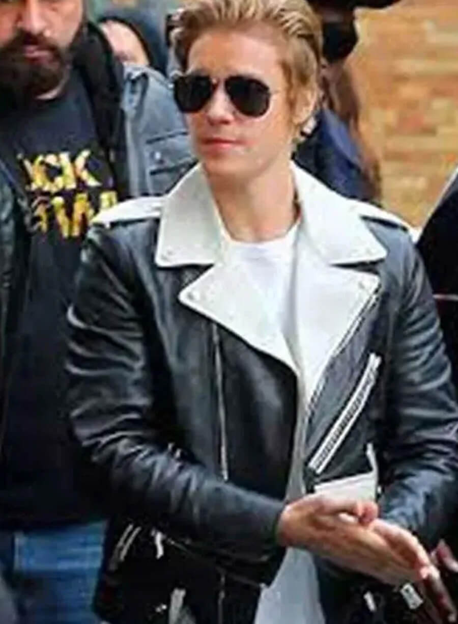 Justin Bieber White & Black Biker Leather Jacket