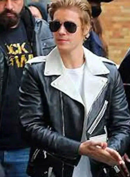 Justin Bieber White & Black Biker Leather Jacket