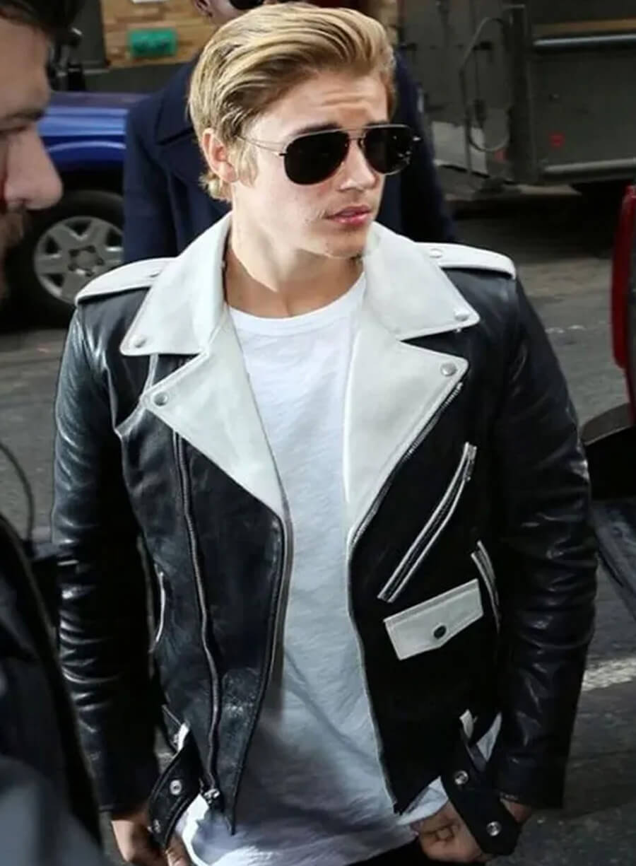 Justin Bieber White & Black Biker Leather Jacket