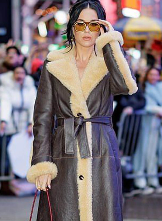 Katy Perry Long Black Leather Coat