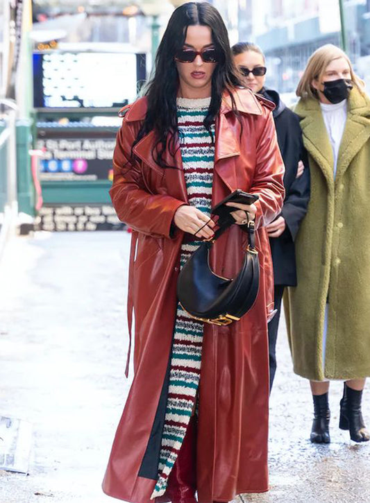 Katy Perry Red Leather Trench Coat