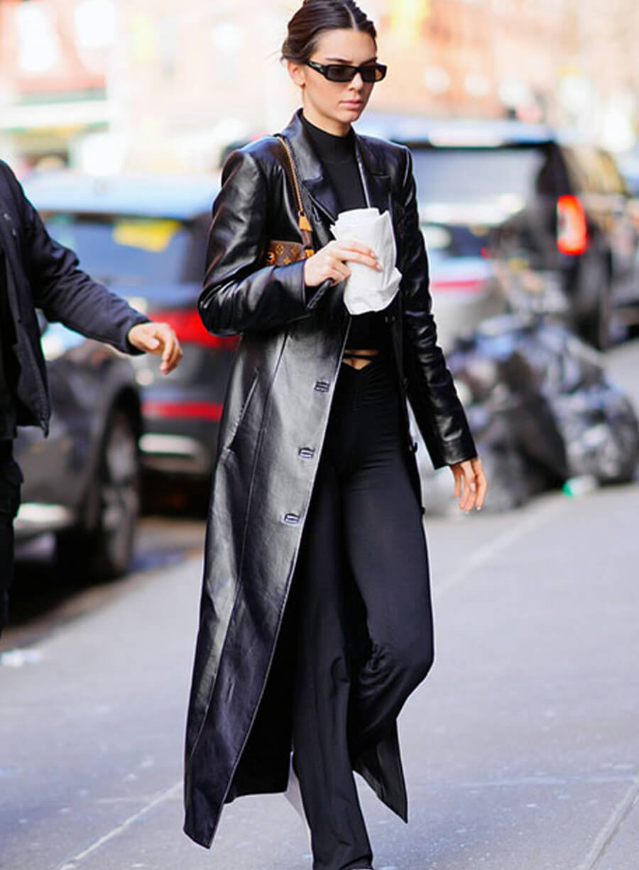 Kendall Jenner Black Leather Long Coat