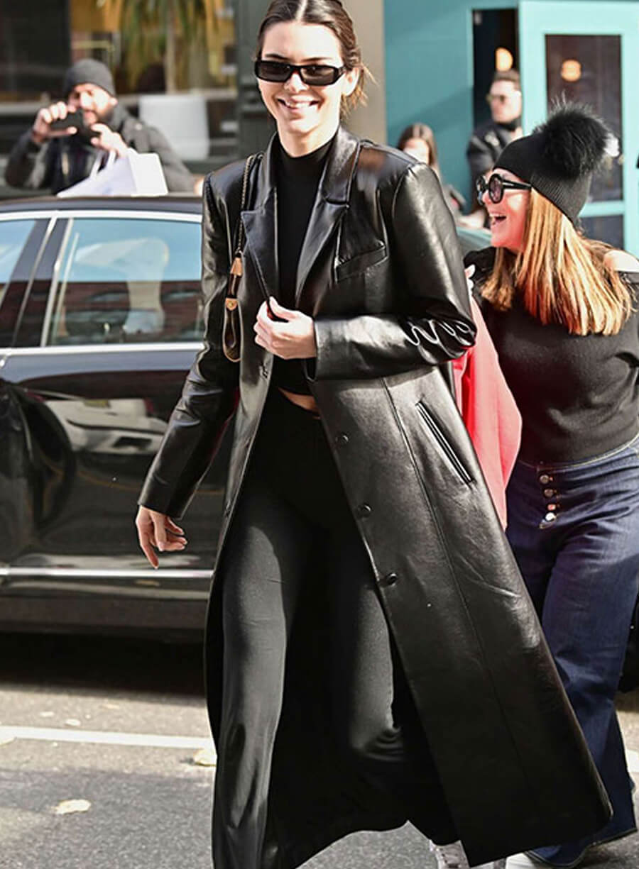 Kendall Jenner Black Leather Long Coat
