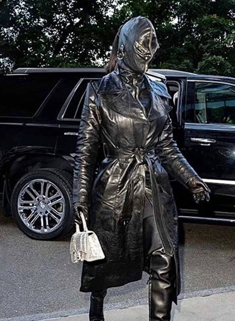 Kim Kardashian Black Leather Long Coat