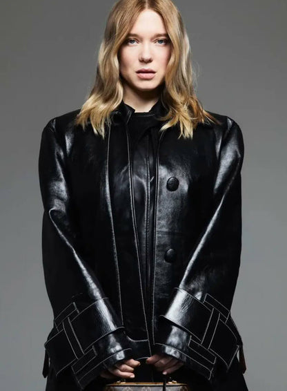 Léa Seydoux Black Leather Coat