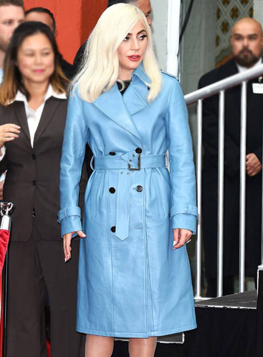 Lady Gaga Blue Trench Leather Coat