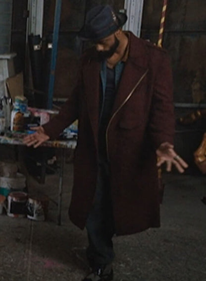 LaKeith Stanfield Play Dirty 2025 Maroon Wool Coat