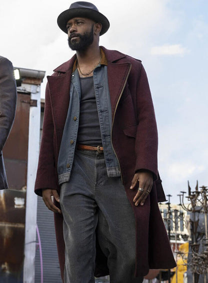 LaKeith Stanfield Play Dirty 2025 Maroon Wool Coat