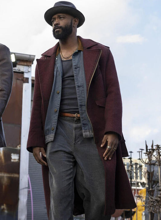 LaKeith Stanfield Play Dirty 2025 Maroon Wool Coat