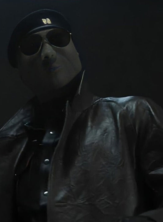 Lee Pace The Running Man 2025 Brown Leather Coat