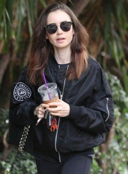 Lily Collins Black Bomber Jacket
