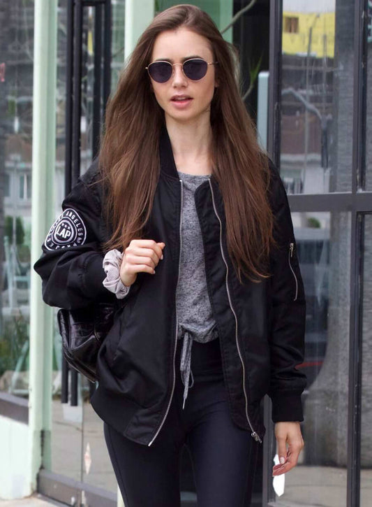Lily Collins Black Bomber Jacket