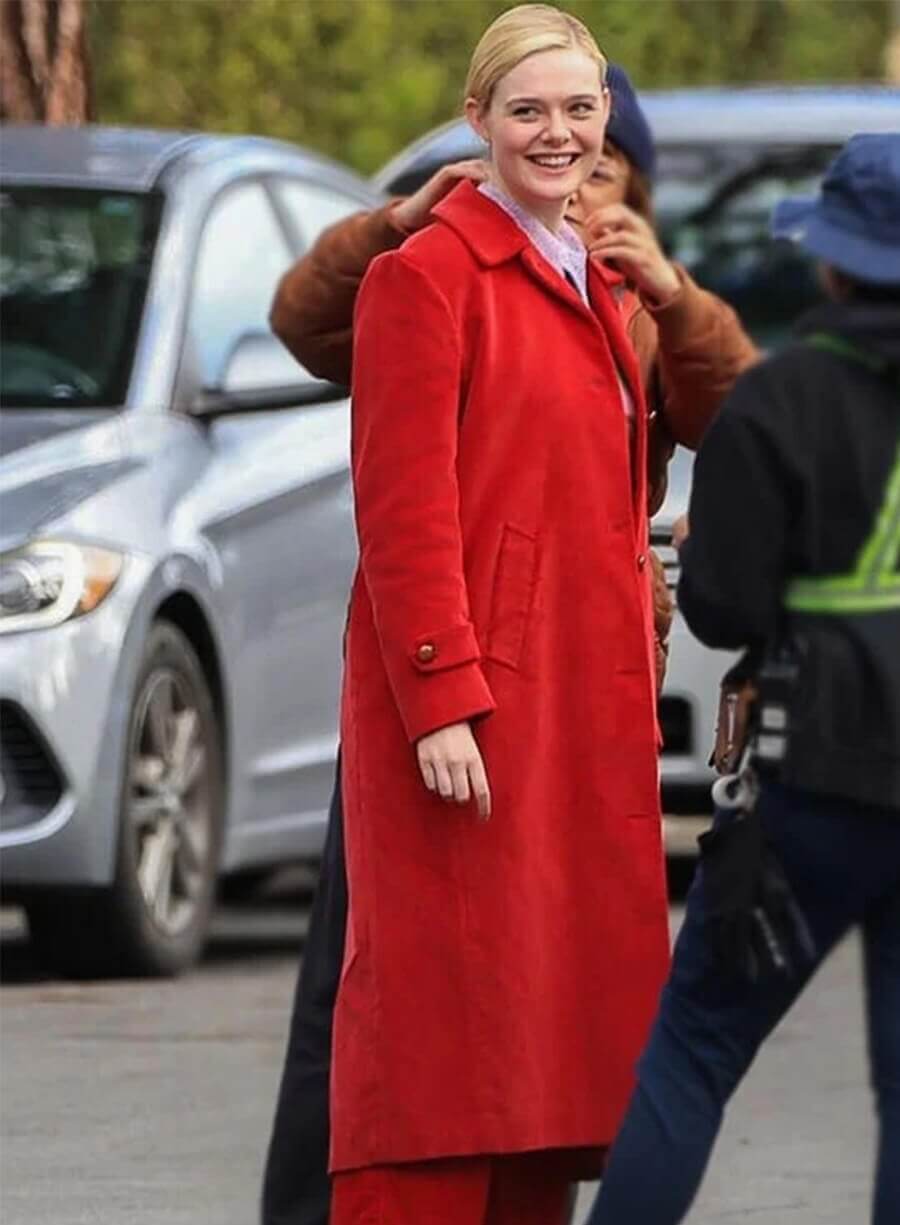 Margo’s Got Money Troubles Elle Fanning Red Coat