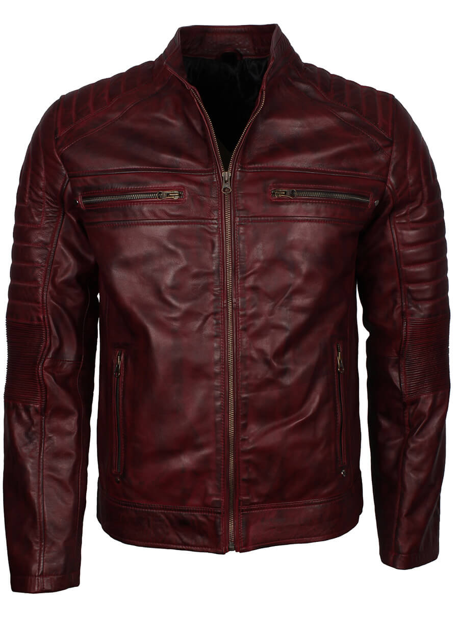 Maroon Cafe Racer Men's Biker Leather Jacket