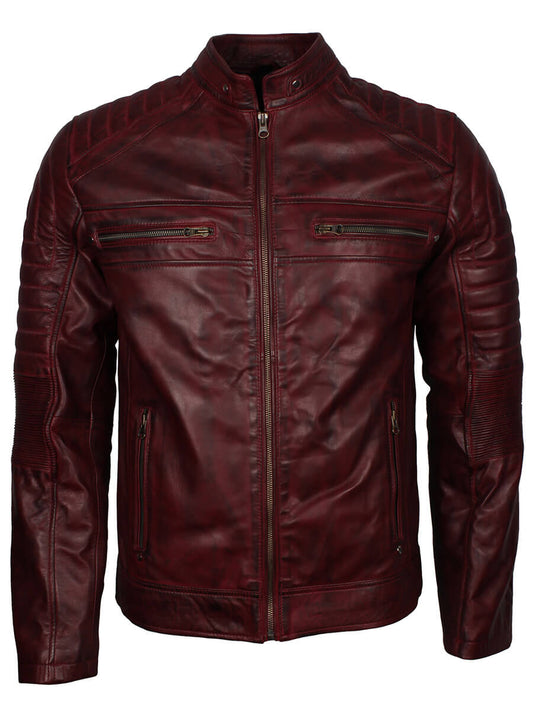 Maroon Cafe Racer Men's Biker Leather Jacket