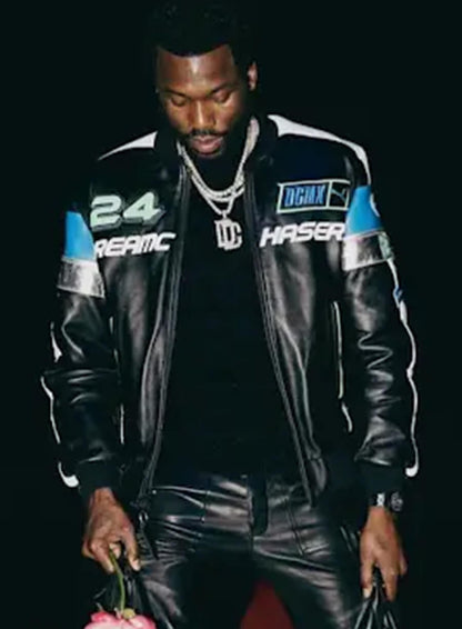 Meek Mill Black Leather Racing Jacket