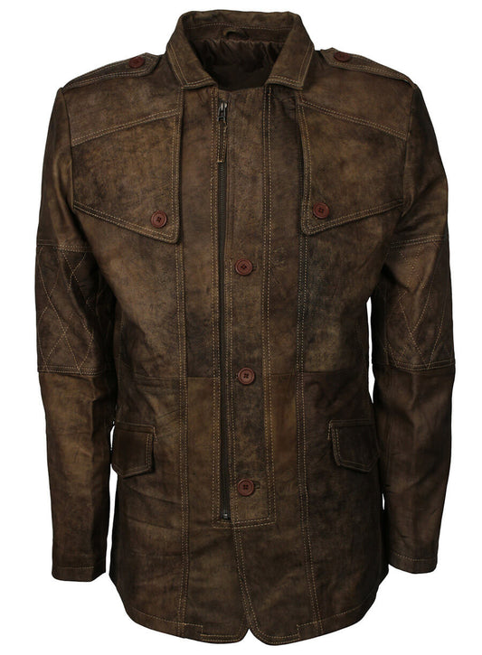 Men Brown Distressed Leather Coat