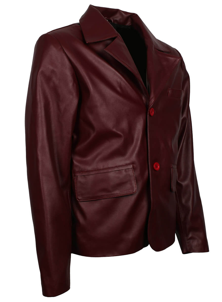 Men Maroon Buttoned Leather Jacket