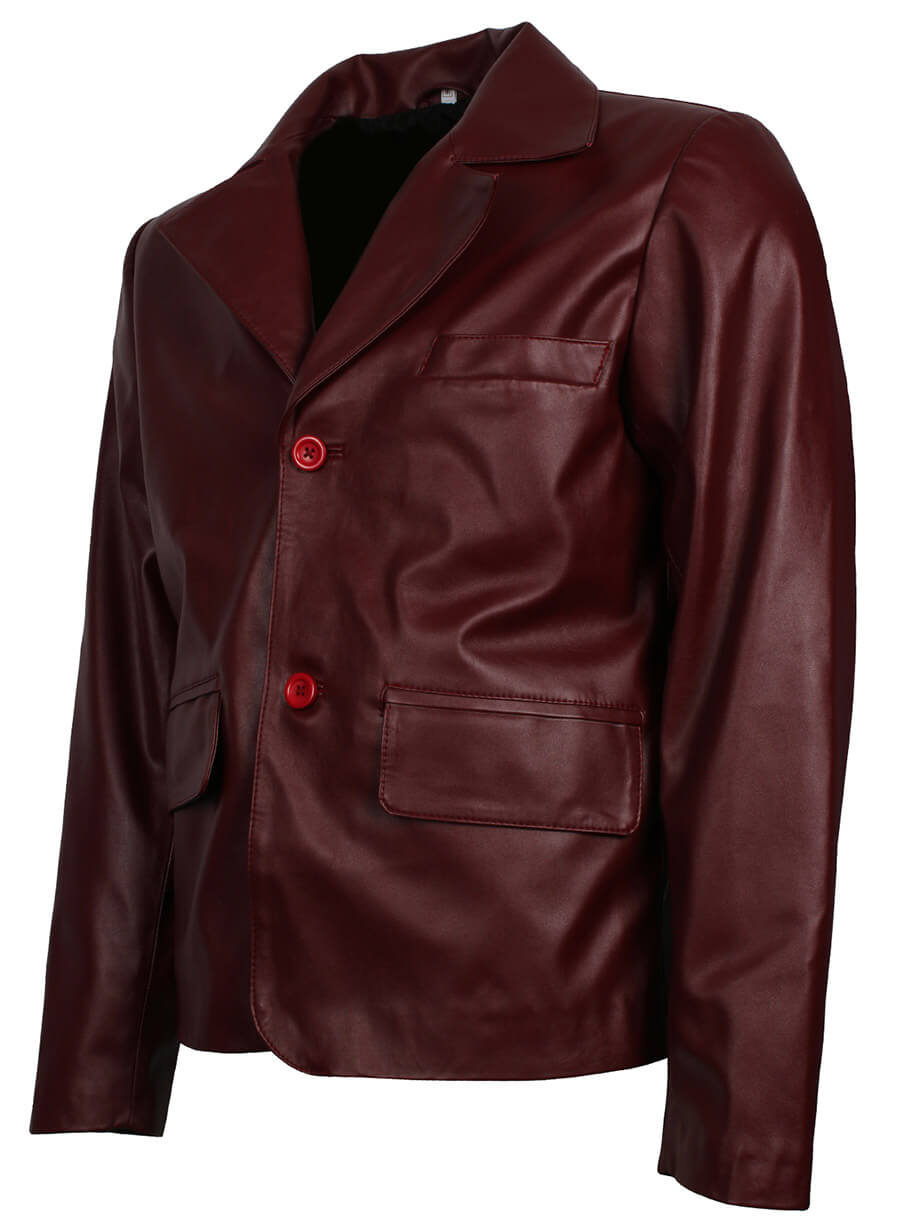 Men Maroon Buttoned Leather Jacket