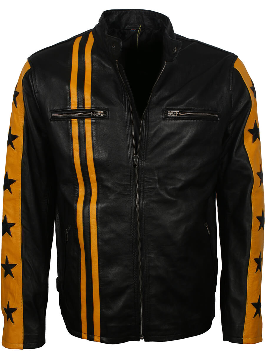 Men Yellow Striped Star Leather Jacket