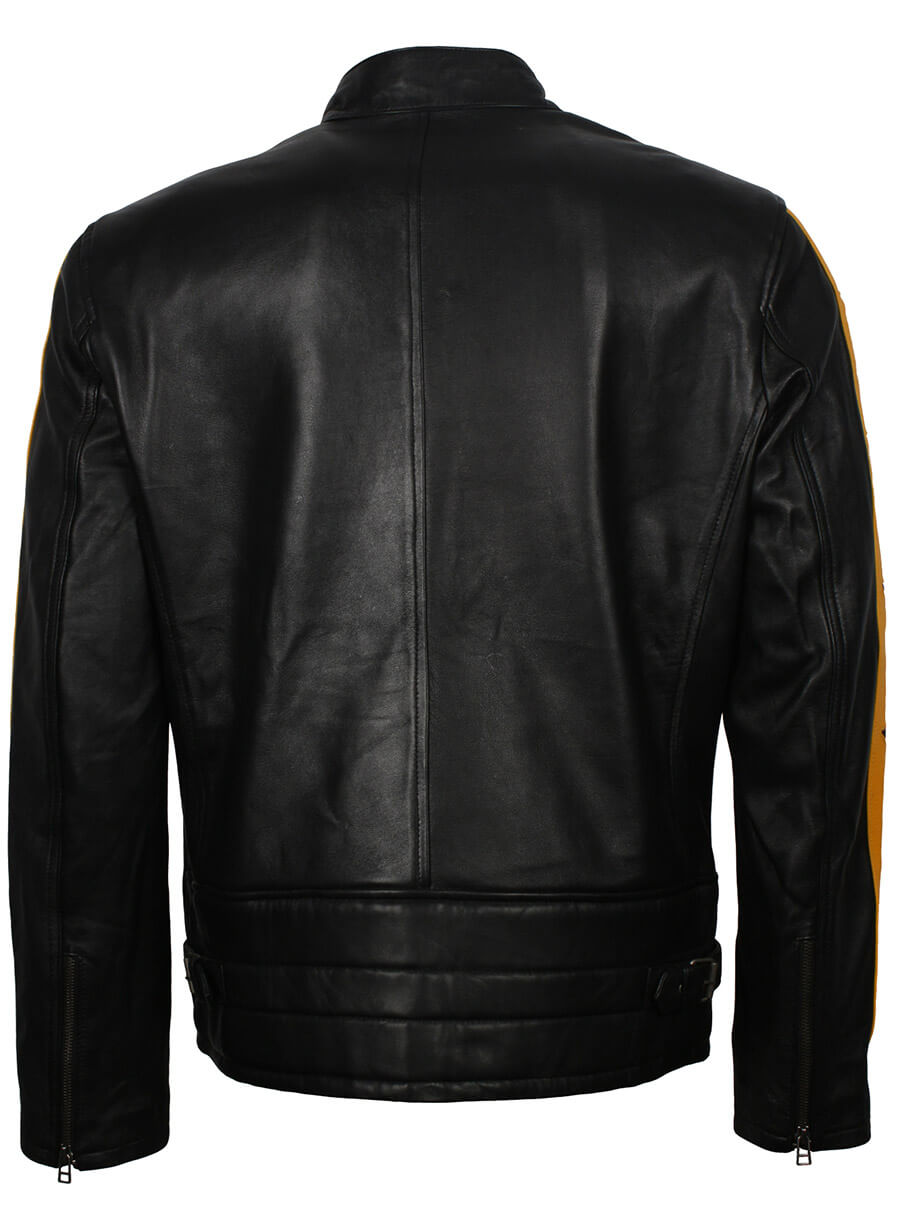 Men Yellow Striped Star Leather Jacket