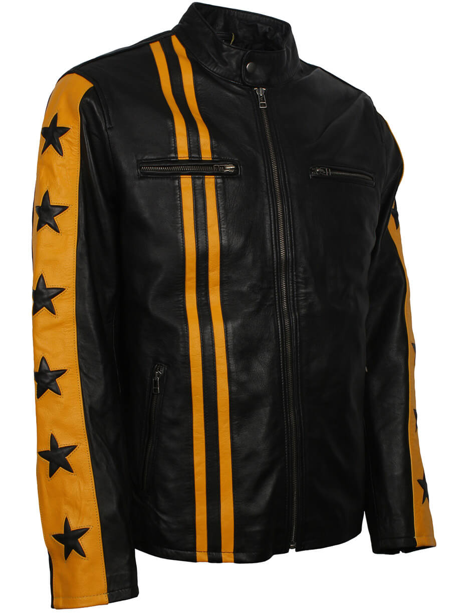Men Yellow Striped Star Leather Jacket