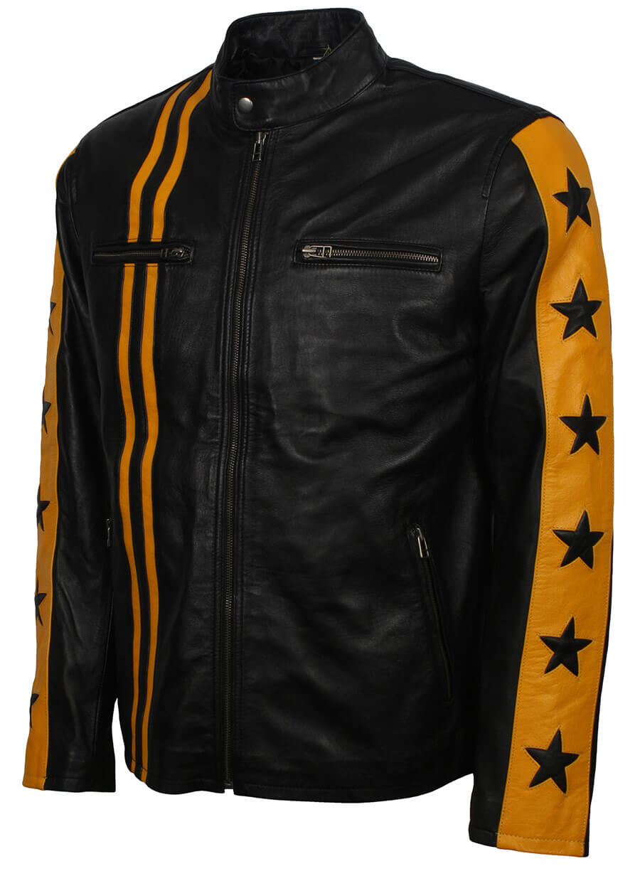 Men Yellow Striped Star Leather Jacket