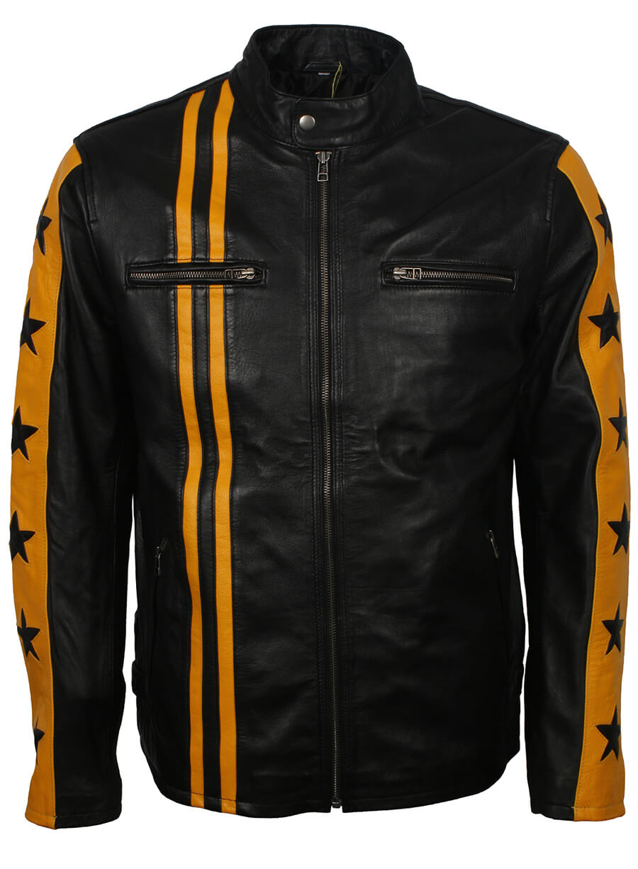 Men Yellow Striped Star Leather Jacket