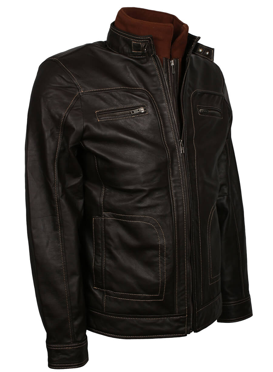 Men's Black Leather Erect Belted Collar Jacket