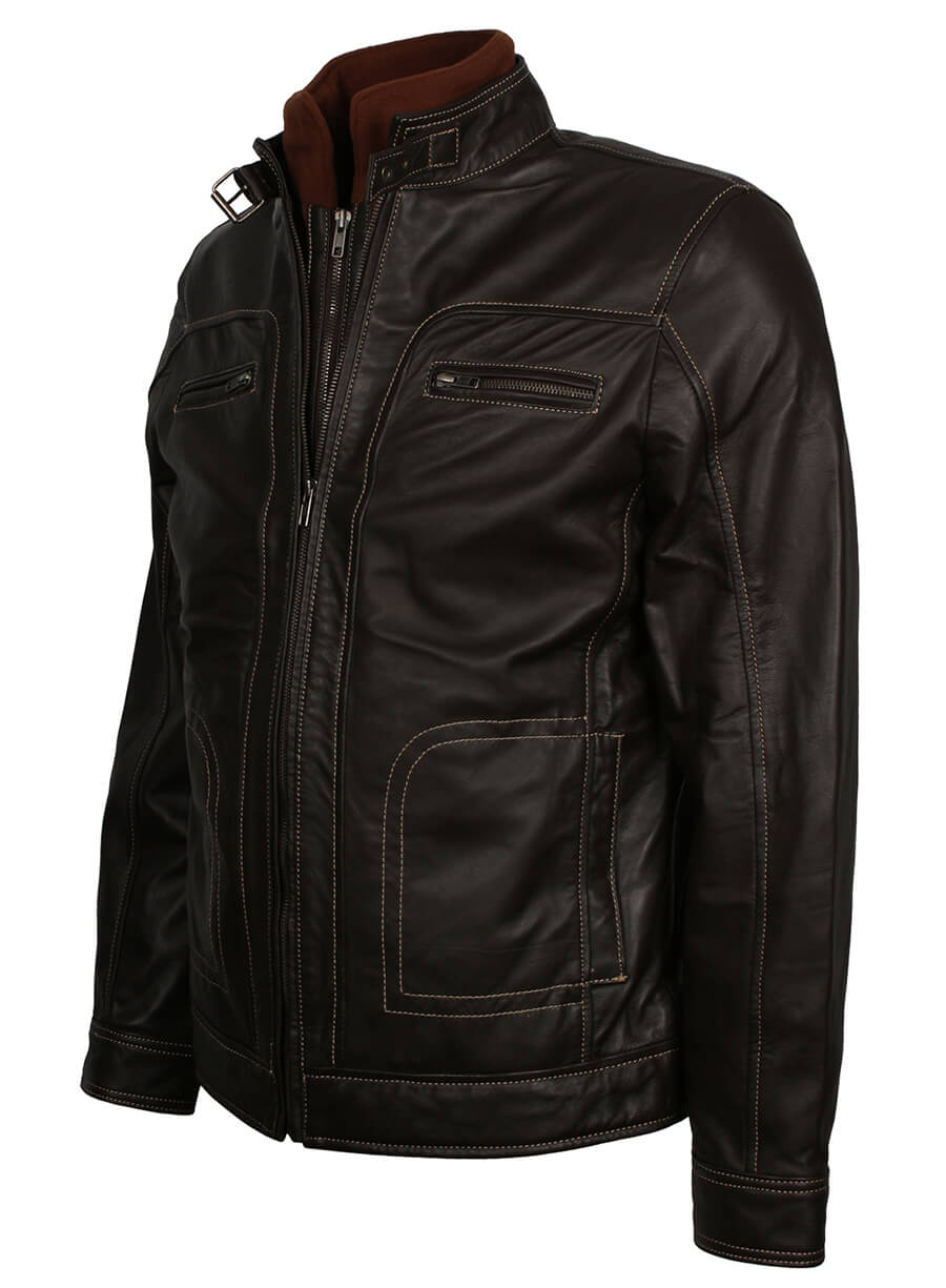 Men's Black Leather Erect Belted Collar Jacket