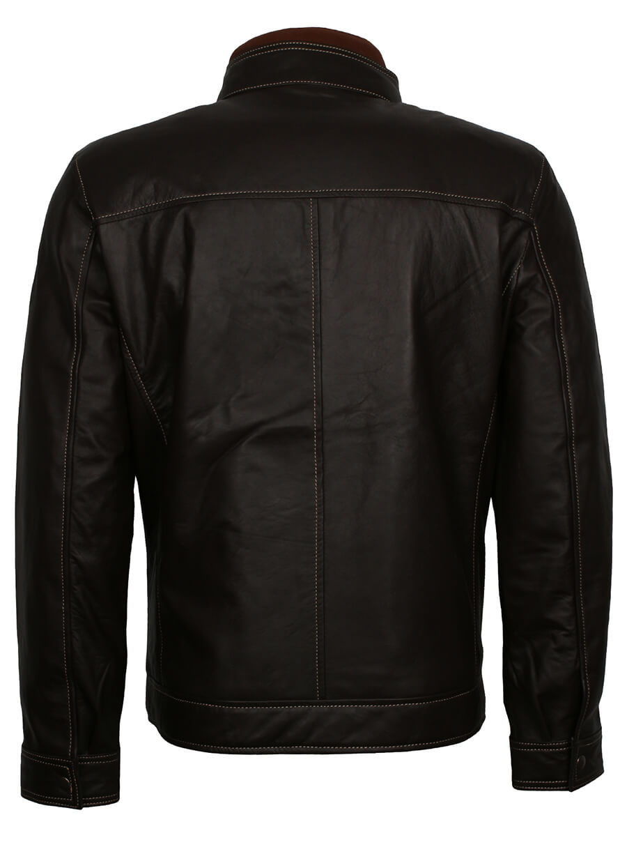Men's Black Leather Erect Belted Collar Jacket