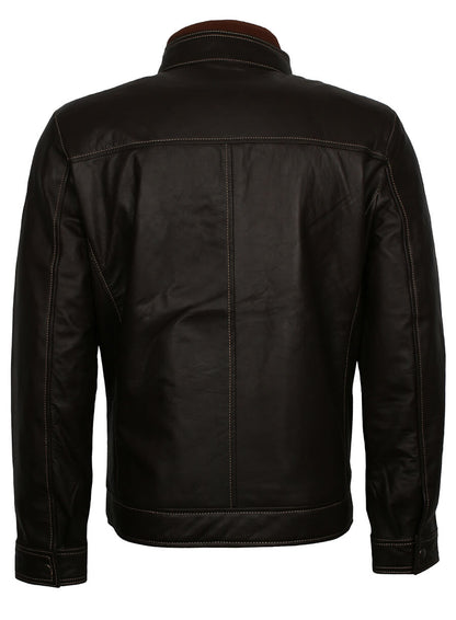 Men's Black Leather Erect Belted Collar Jacket