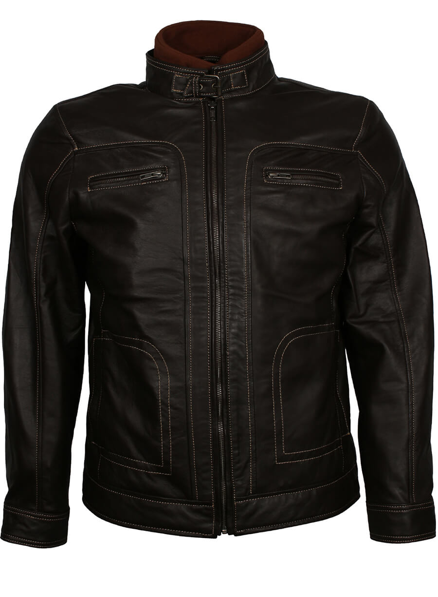 Men's Black Leather Erect Belted Collar Jacket