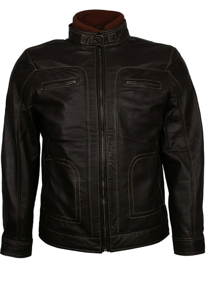 Men's Black Leather Erect Belted Collar Jacket