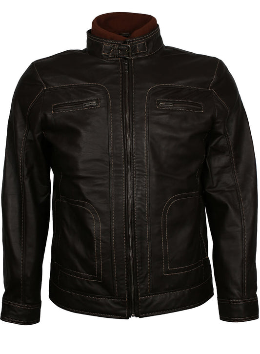 Men's Black Leather Erect Belted Collar Jacket