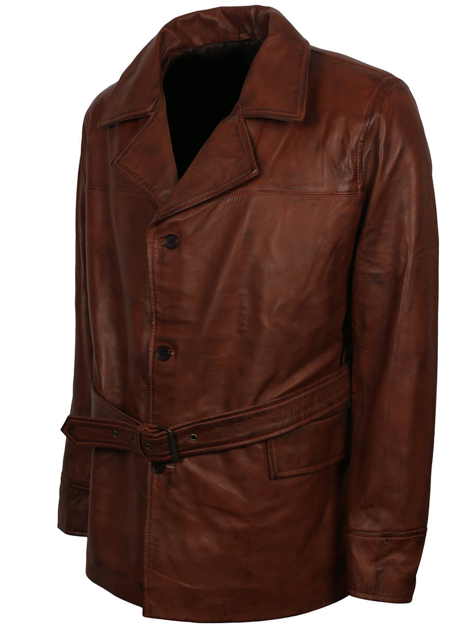 Men's Brown Belted Leather Coat