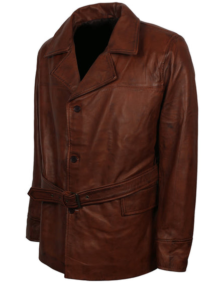 Men's Brown Belted Leather Coat