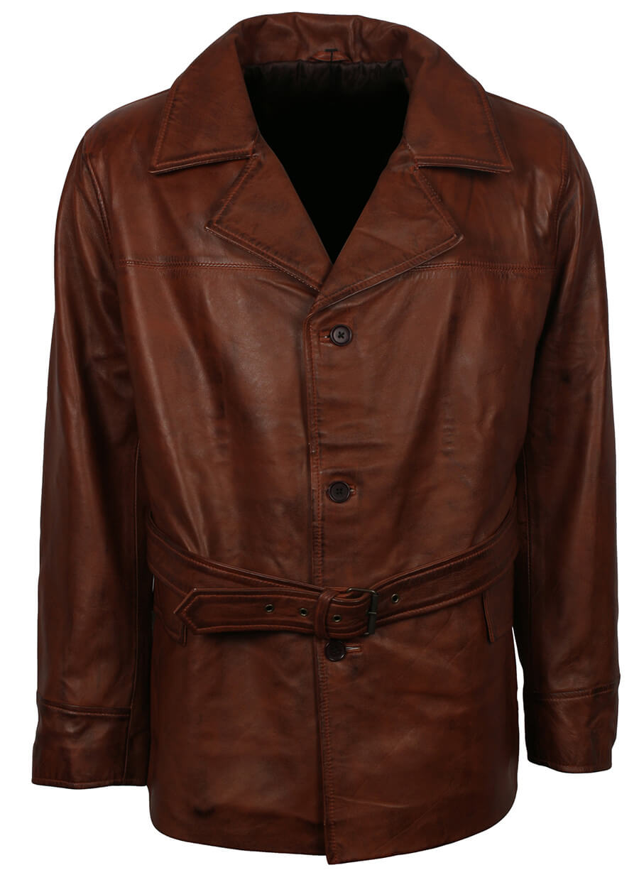 Men's Brown Belted Leather Coat